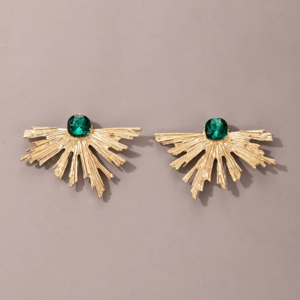 Emerald Green Studded Gold Leaf Earrings 5$
